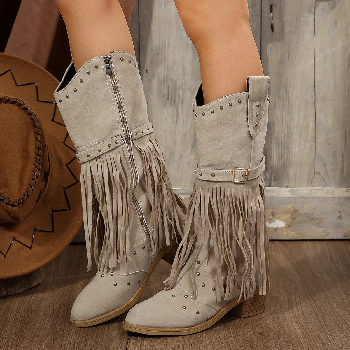 2025 Winter Women Fringes Thick Heel High Boots Suede Pointed Toe Outdoor Fashion Platform Shoes Willow Nails Pump 260208