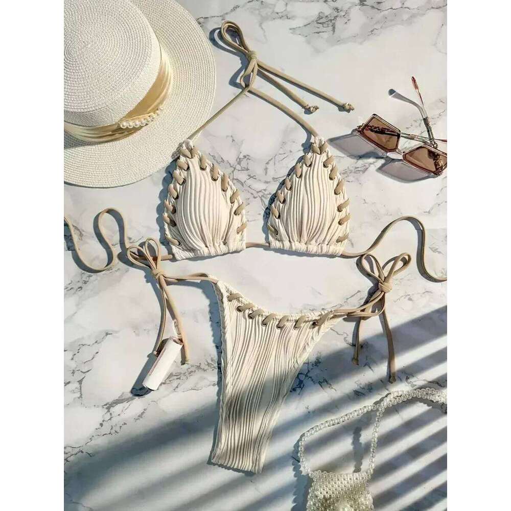 2025 Halter Wrinkled Weave Women Swimwear Female Swimsuit Two Pieces Bikini Set Brazilian Bathing Suit Swim Beach Wear C260207