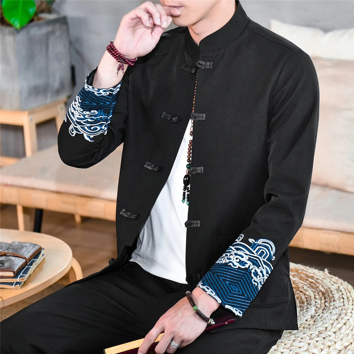2026 Mens Chinese Traditional Tang Suit Jacket Mandarin Collar Black ed Crane n Coat Casual Formal Wear 260205