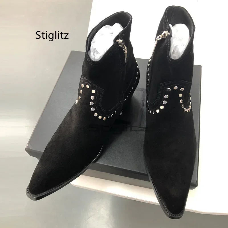 Riveted Cowboy Chelsea Boots for Men Brown Black Side Zipper Mens British Style Suede Leather Ankle Shoes Botas 260208