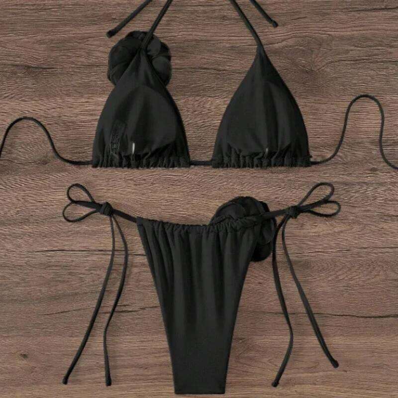 S - L Sexy 3D Flowers Halter Strappy Women Swimwear Female Swimsuit Two-pieces Bikini Set Bather Bathing Suit Swim C260207
