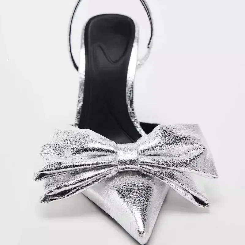 Silver High Heeled Sandals Women Sexy Pointed Toe Back Strap Thin Heels for Women Elegant Bow Banquet Dress Shoes 260202