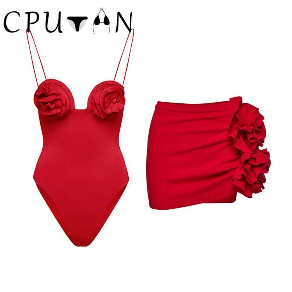 CPUTAN 2024 New Sexy 3D Flower Bikini Set Red Brazilian Biquini Women Swimwear Skirt Bathing Suit Girls Summer Beachwear Dress C260207