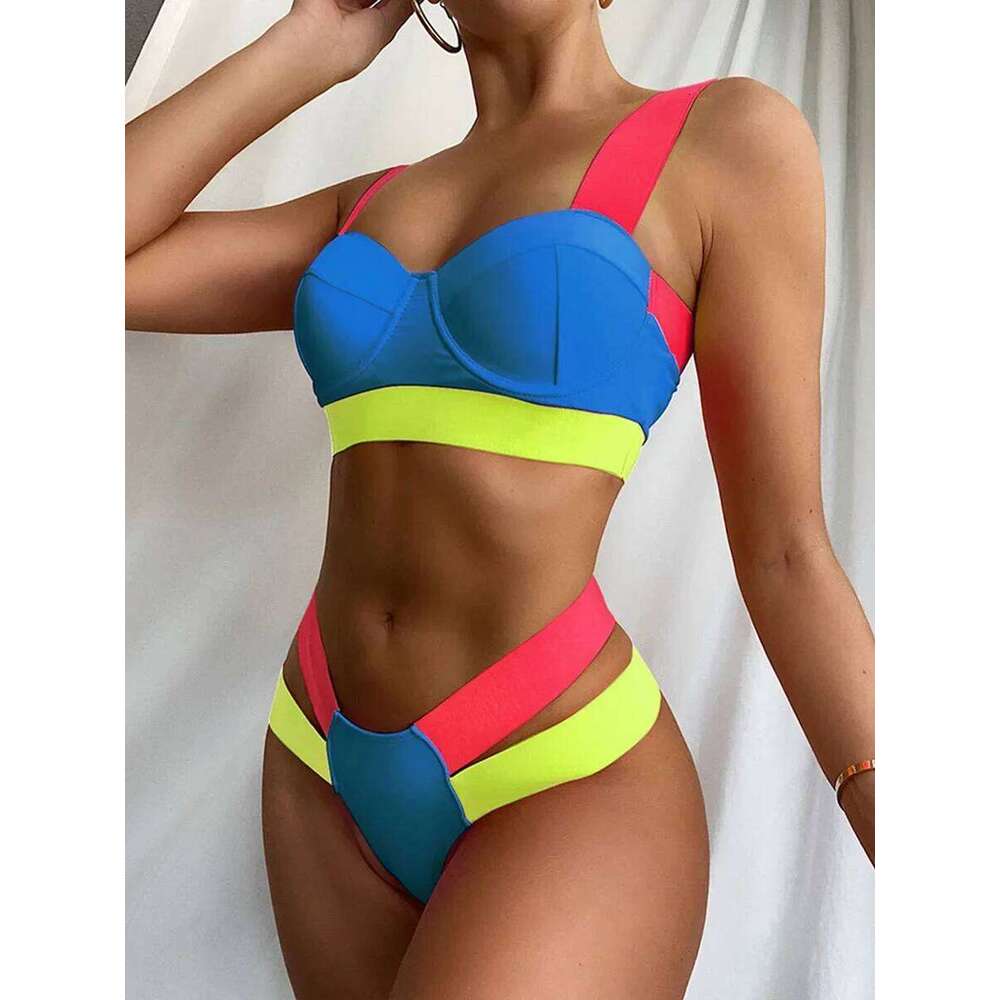 Splicing Push Up Bra Cup Women Swimsuit Female Swimwear Two-pieces Bikini Set High Cut Bathing Suit Swim Beach Wear C260207