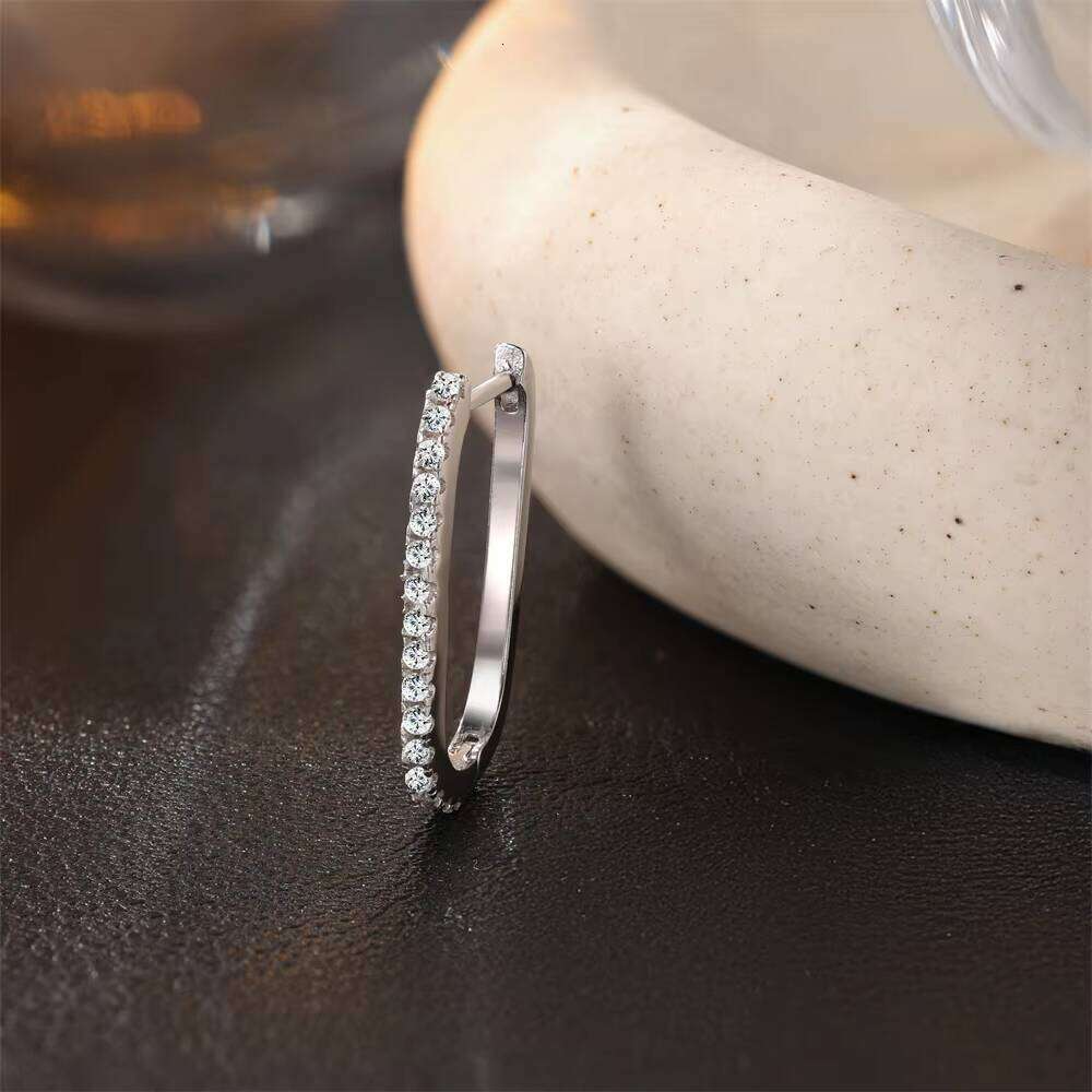 Rhodium Plated 925 Sterling Silver U Shape Micro Inlaid Moissanite Hoop Earrings Minimalist