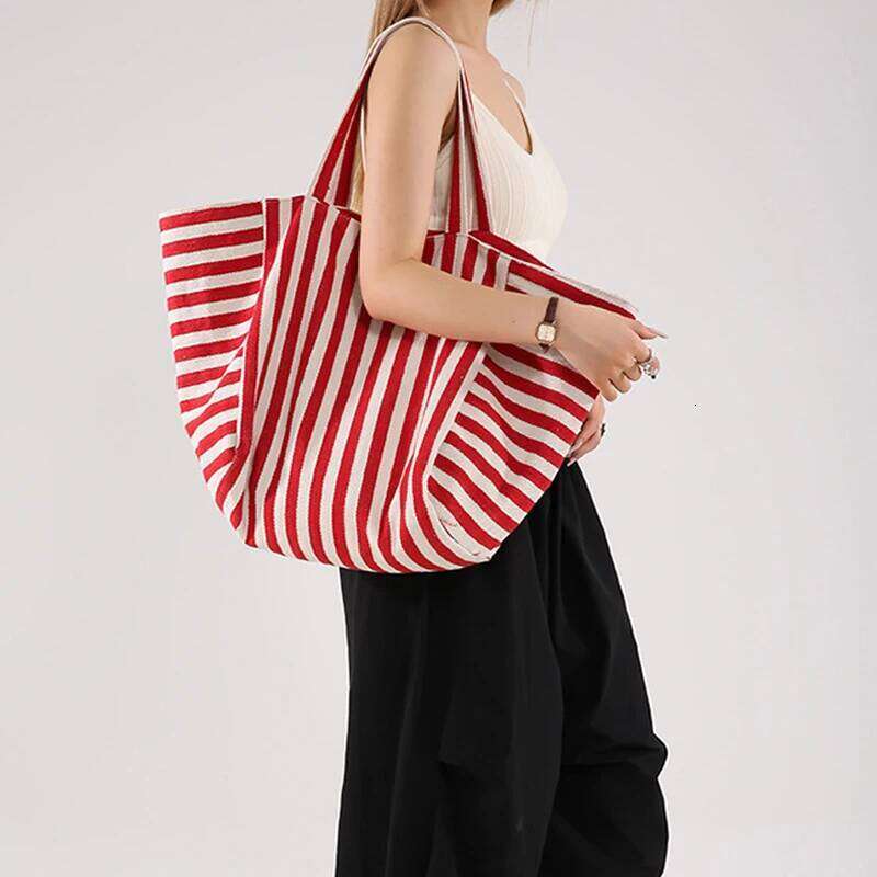 Women Portable Shoulder Bag Thin Canvas Handbag Stripes Design Large Capacity Shopping Tote Cute Cloth Books Pack C260207