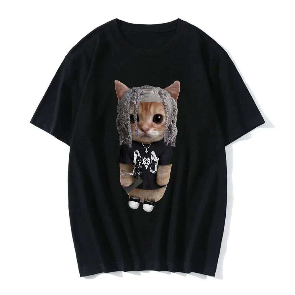 2025 Camiseta informal con estampado gato divertido, verano para mujerropa de moda camiseta C260207