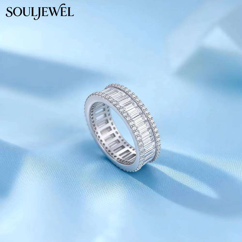 New Luxury Rectangular Baguette Moissanite Ring Full Eternity Design Hip Hop Style S925 Silver Rhodium Plated GRA Certified