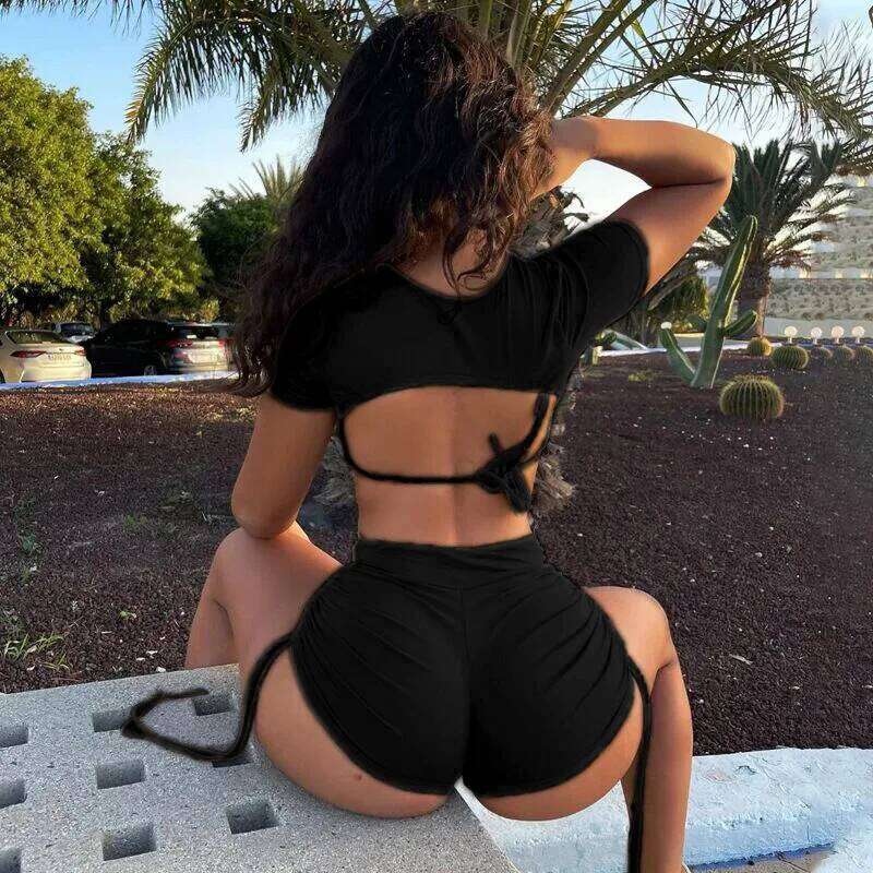 Black Drawstring Swimwear Bikinis Set Crop Top Shorts Bottom Swimsuits Women Sexy Bathing Suit Beachwear Bikini 2023 Mujer C260207