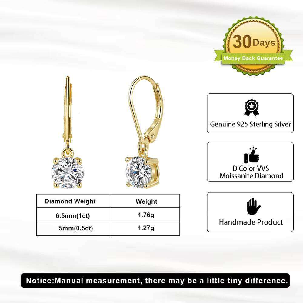 RINNITN Moe13 Round Cut Moissanite Dangle 14K Gold Plated 925 Silver VVS Lab Diamond French Leverback Drop Earring For Women