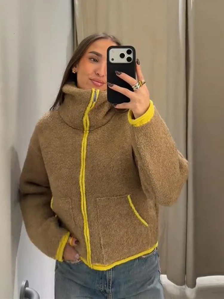 Panelled Knitted Womens Cardigan Long Sleeve Zipper Loose Female Fur Jacket 2025 Winter Street Fashion All-match Lady Coats 260122