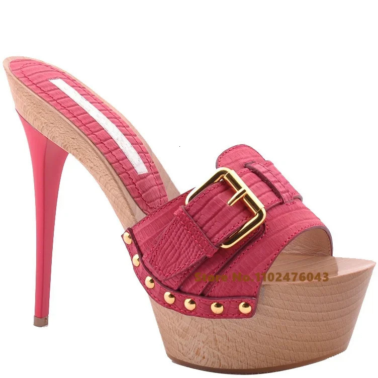 Platform Stiletto Heel Slipper n Peep Toe Belt Buckle Metal Decorative Sandal Summer Sexy High Shoes 260208