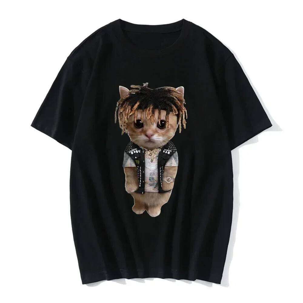 2025 Camiseta informal con estampado gato divertido, verano para mujerropa de moda camiseta C260207