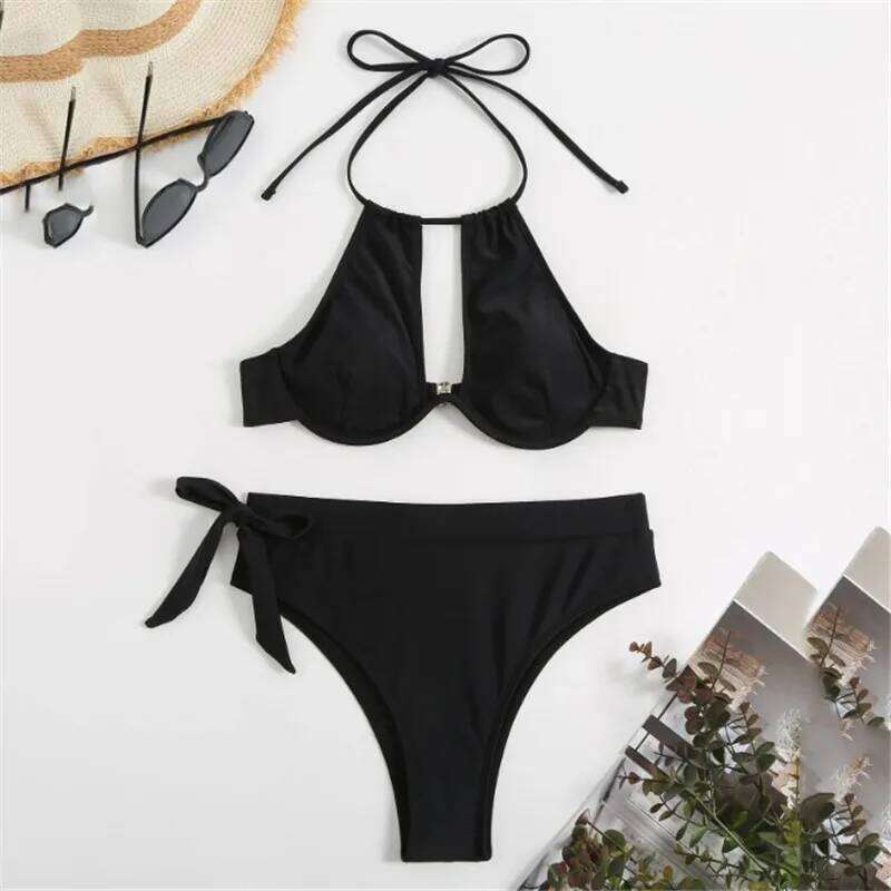 Brown High Waisted Bikini Set String Halter Swimwear Sexy Swimsuit Women Hollow Out Bathing Suit Push Up Bikinis 2024 Mujer C260207