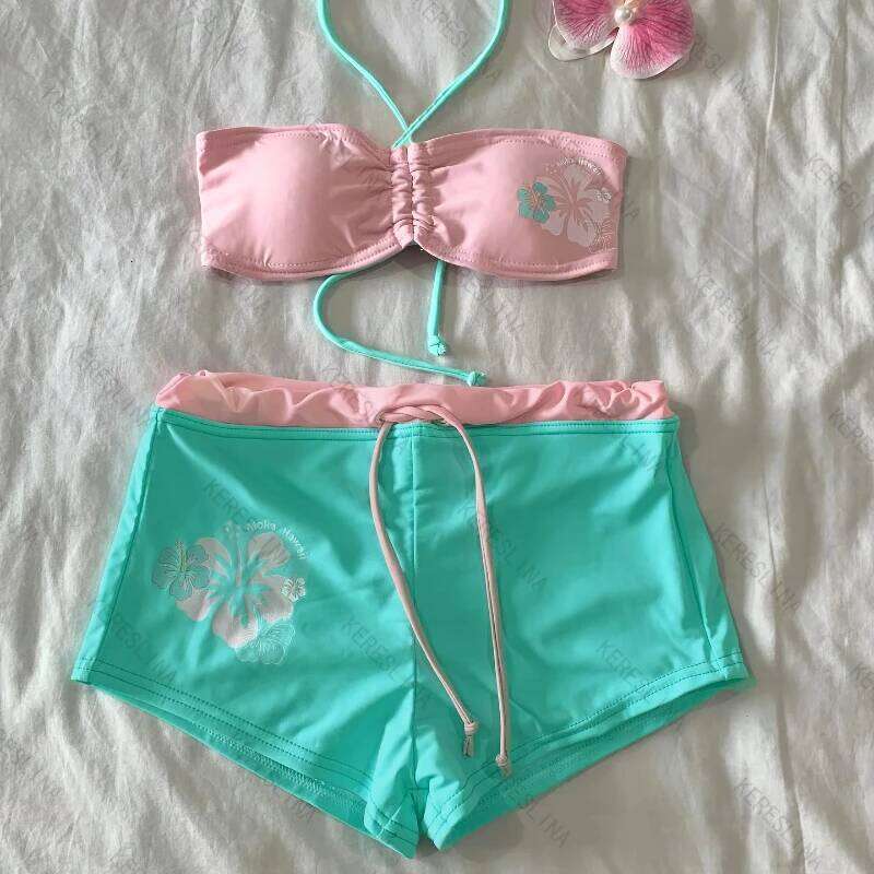 Y2k Girly style subculture Cutie summer Retro millennium hanging neck suspender Sexy beach kawaii classic comfortable bikini set C260207