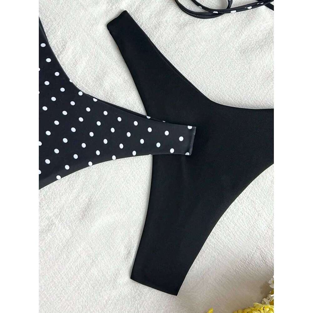 Four piece sexy bikini swimsuit set with white dots and pure black C260207