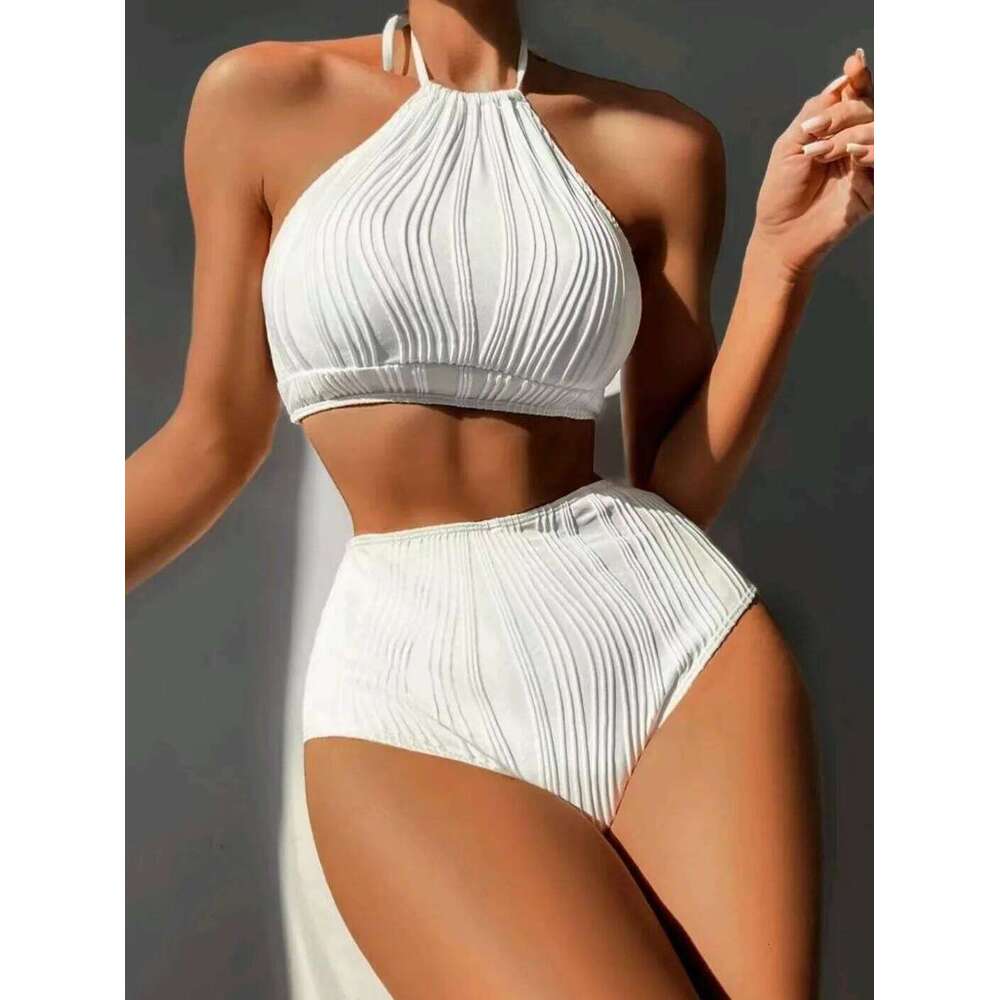 2025 Sexy Wasited Swimsuit Women Solid White Bikini High Neck Swimwear Female Bathers Bathing Swimming Swim Suit Beachwear C260207