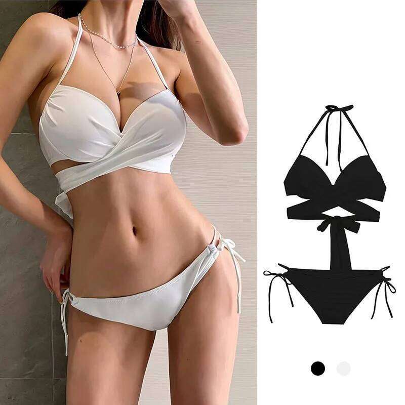 sexy Korean fashion bandage halter cross sets two pieces solid black and white swimsuit bikinis padded swimwear C260207