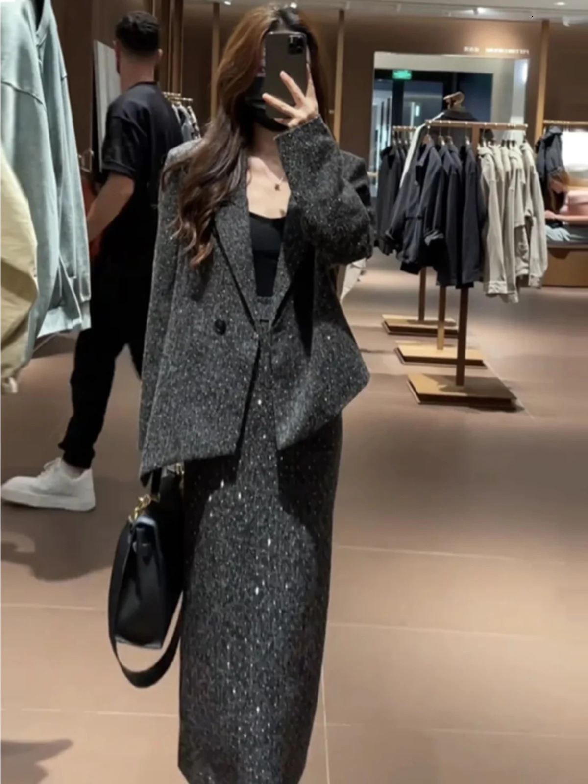 Faionable Diamond Embedded Womens Suit And Skirt Set Autumn Winter Two-Piece Ensemble Sle Long Sve Turn-down C 260122