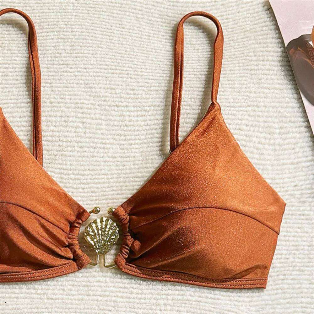 Metal Shell Ring Swimwear Sexy Wine Red Sets Swimsuit Women 2025 Ruched Bathing Suit Swimming Wear Bikinis De Mujer C260207
