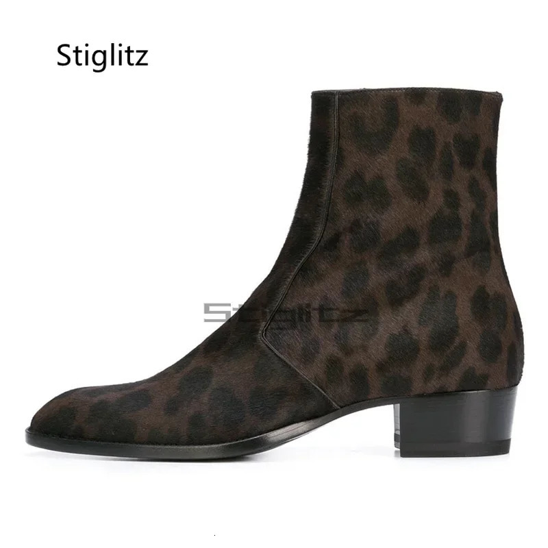 Leopard Chelsea Boots for Men Med Heeled Genuine Leather Prints Ankle Zip Retro British Style High Top Catwalk Male Shoes 260208