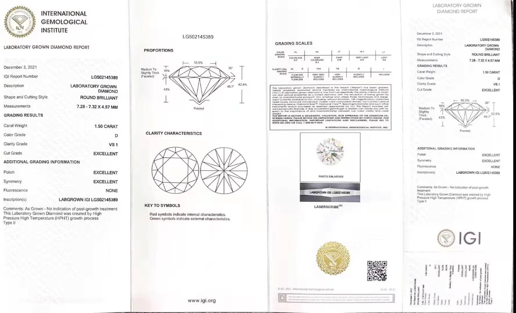 Loose HPHT CVD Diamond IGI Certificate Round Shape 150ct D VS1 3EX Lab Grown Diamond
