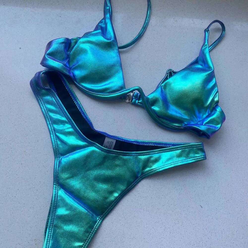 Sexy Triangle Bikini 2022 holographic Blue Push Up Extreme Thong Swimwear Brazilian Bandage Bathing Suit Swimsuit Micro Biquini C260207