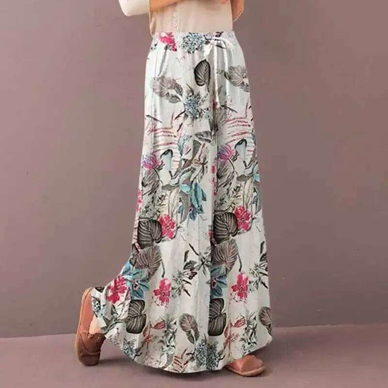 Floral Print Wide Leg Women Pants Spring Drawstring Bohemia Trousers Lady Casual Loose Elastic Waist Pantalonsw Plus Size
