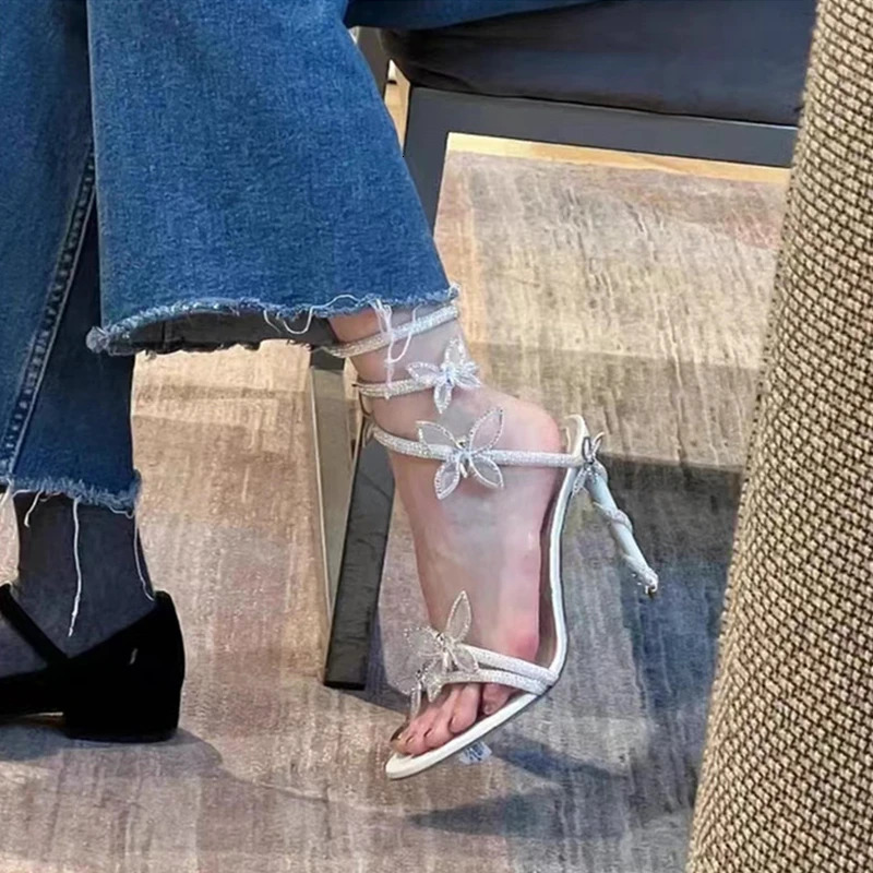 Crystal Embellished Butterfly Detail Women Sandals Sexy Coiled Strap Thin High heels Gladiator sandals Summer Party Shoes 260208