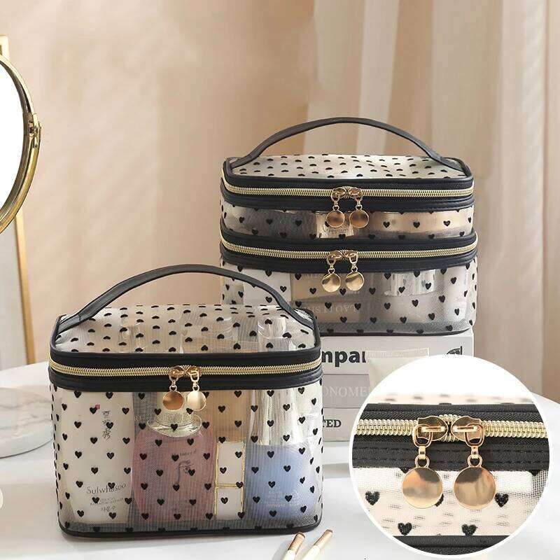 Double-layers Black Mesh Cosmetic Bag Travel Portable Large-Capacity Makeup Case Organizer Storage Pouch Zipper Toiletry Bags Y260206