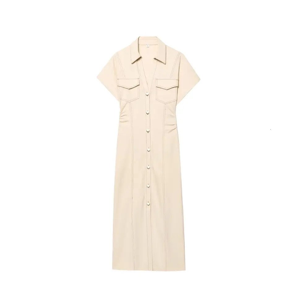 ETJ summer womens elegant fashion waist pleated Vneck shortsleeved temperament denim MIDI dress 260127