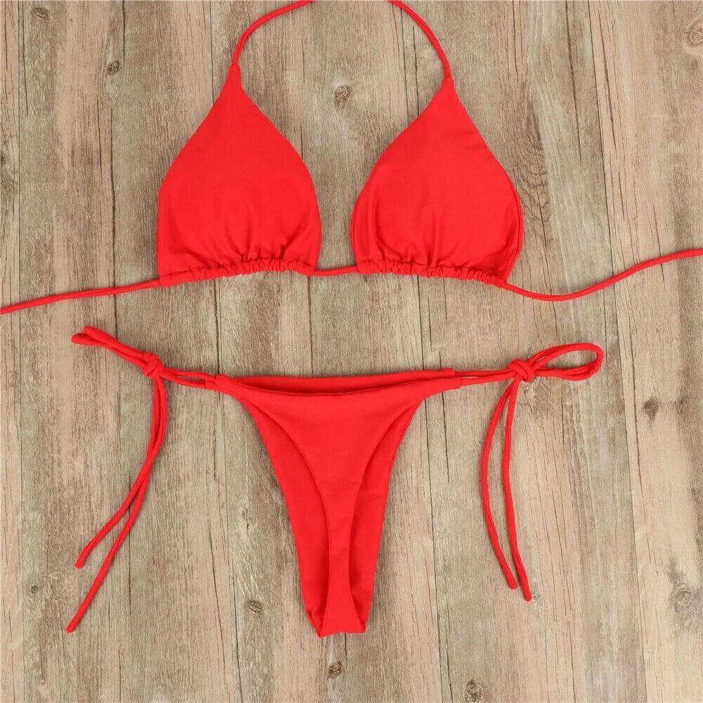 New Women Sexy Hanging Neck Thong Bikini Side Tie Bandage Style Split Strap Solid Adjustable Ladies Swimsuit Set C260207