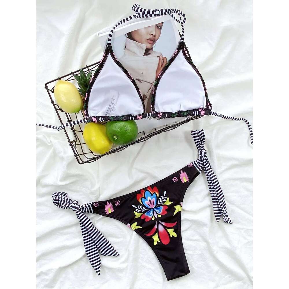 sexy gothic print black triangle set separate high waist thong Swimwear Biquini conjunto de bikini tankini beachwear C260207