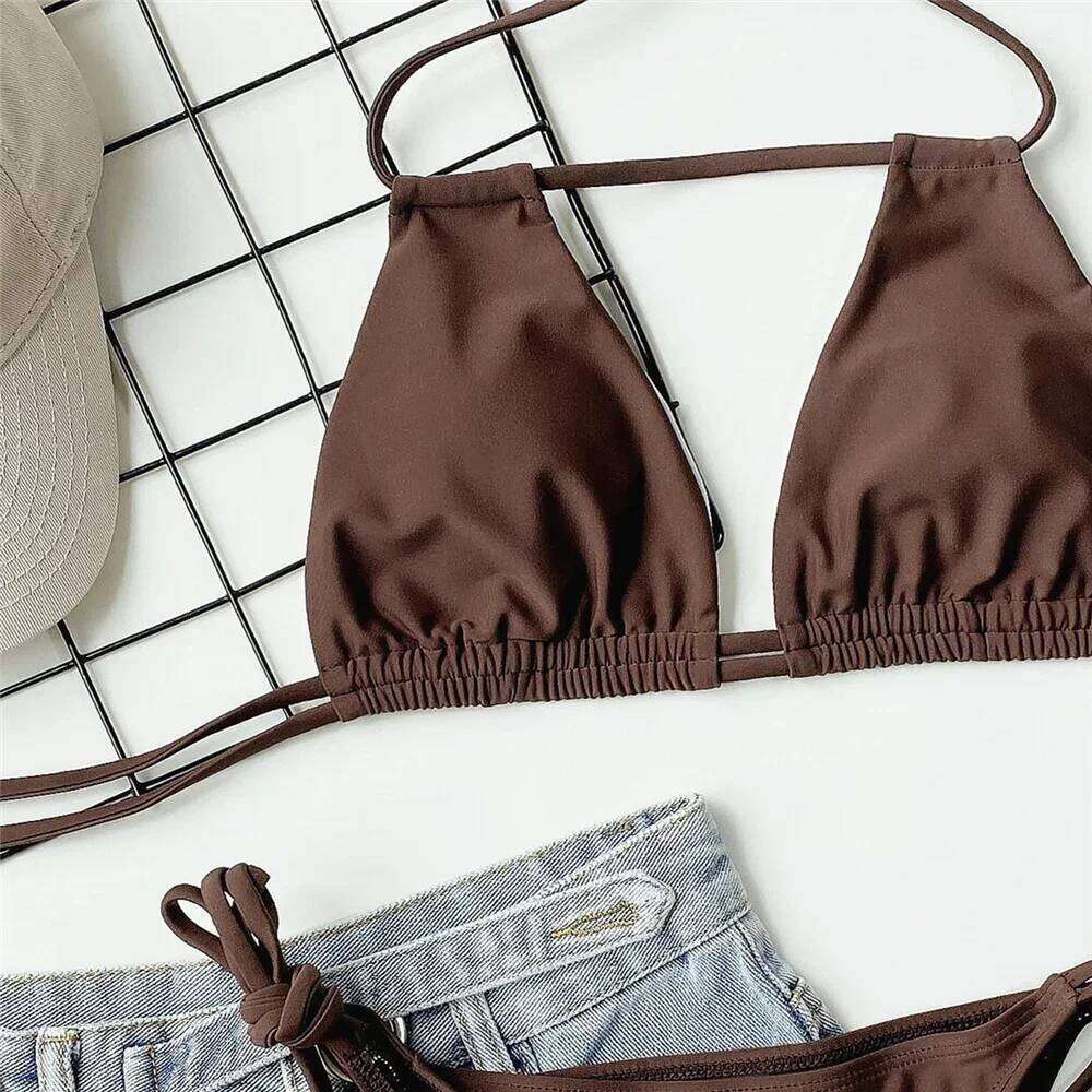 Sexy Brown String Halter Micro Thong Bikinis Sets Lace-up Swimsuit Hollow Out Swimwear Women 2026 Biquinis Bathing Suit Bikini C260207