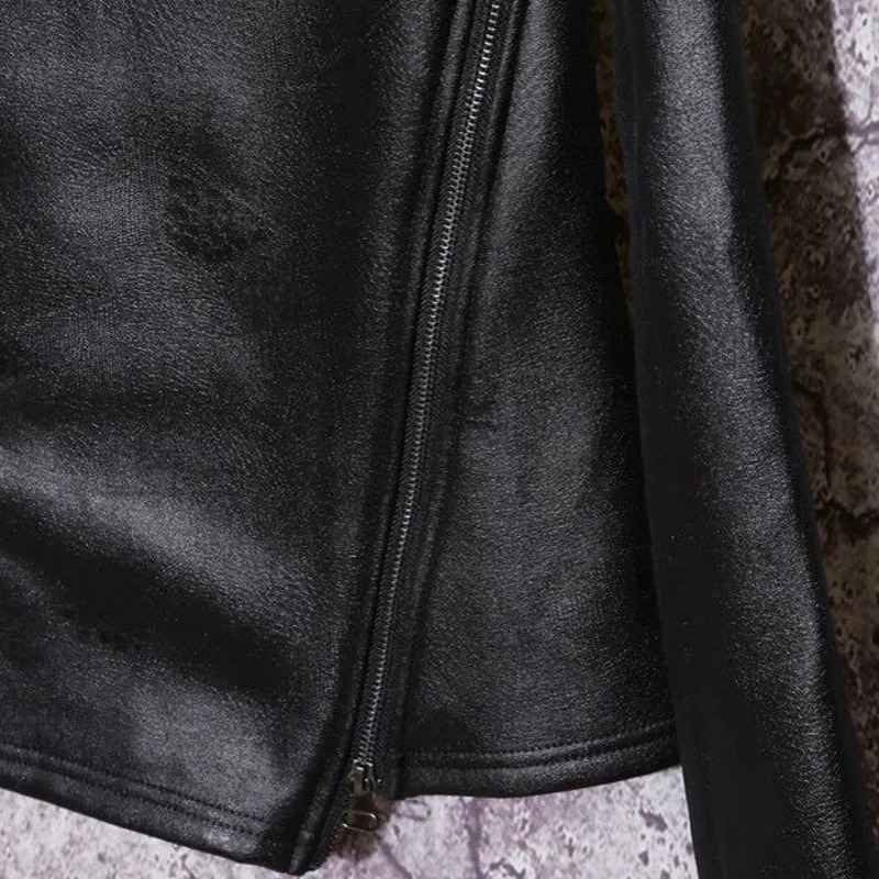 Autumn Winter Men Stand Collar Warm Fleece Lining Jacket Pullover Gothic Slim Fit Punk Coat Black Motorcycle Pu Leather 260205