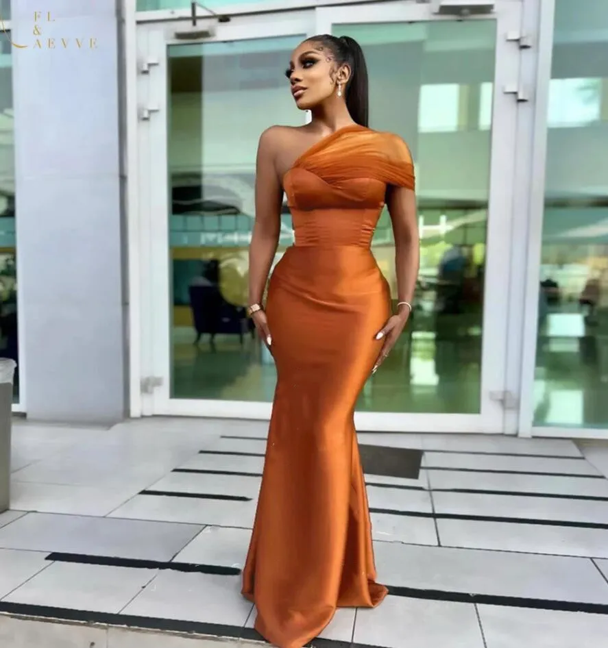 2026 Brown Mermaid Bridesmaid Dress One Shoulder Satin Elegant Evening Prom Formal Party Prom Gowns Dresses ZJ067