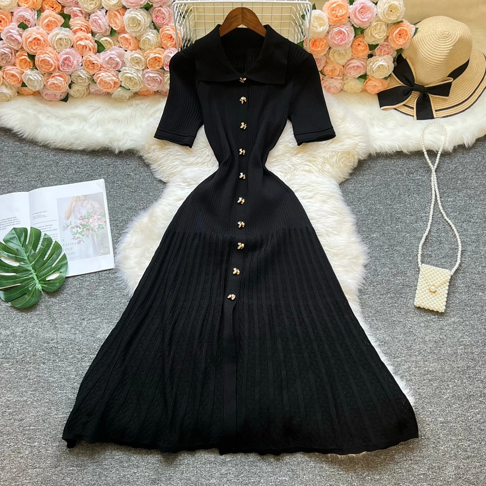 YuooMuoo Fashion Vintage Turndown Collar Knit Maxi Dress Elegant Singlebreasted Aline Long Shirt Lady Vestidos 260127
