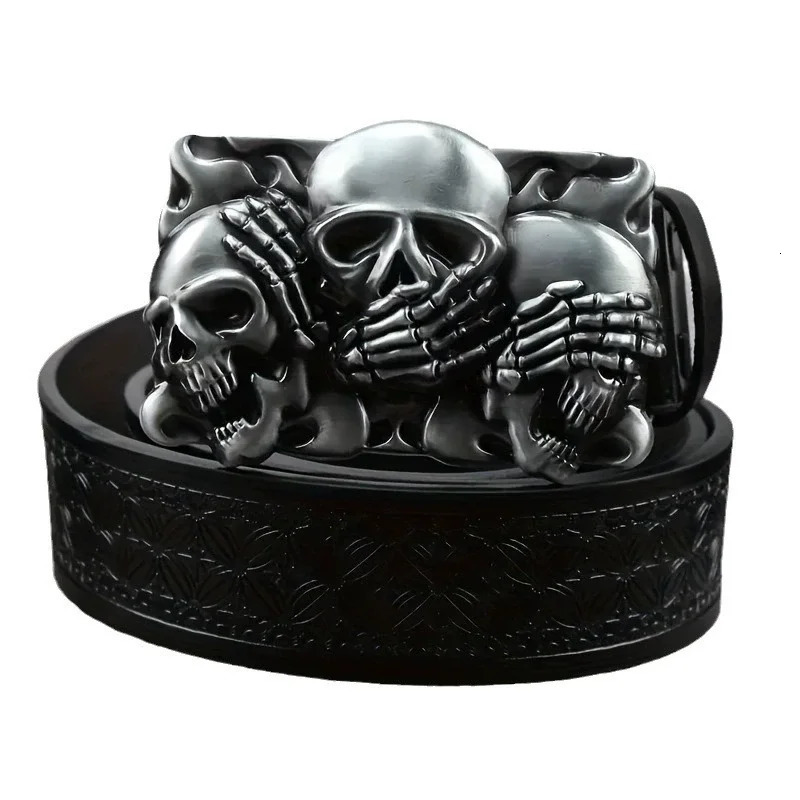 1 Western Cowboy Ancient Silver Multiple Ghost Head Skull Large Plate Buckle Belt Trendy Retro Society Young Men Punk PU Leather 260124