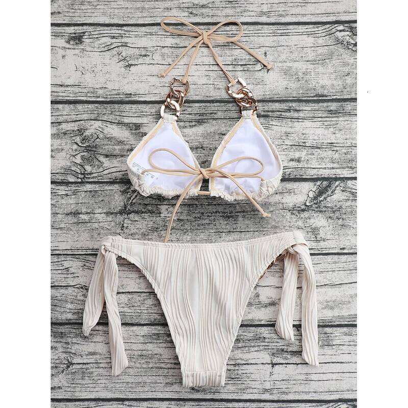 Sexy String Halter Bikinis Solid Swimsuit 2023 New Linked Swimwear Women Chain Strappy Bathing Suit Two Piece Sets Beach C260207