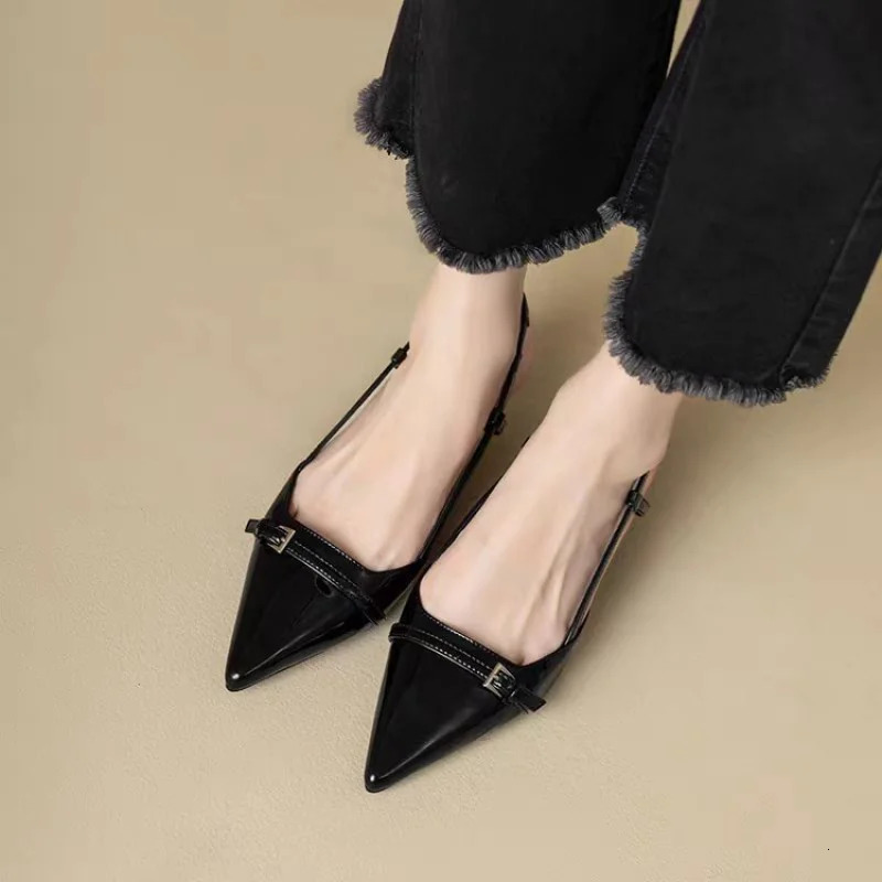 2025 French Pointed Sandals Burgundy Patent Crisscross Straps Metal Decor Slim Heel Open-Back Fairy Sandals 260202