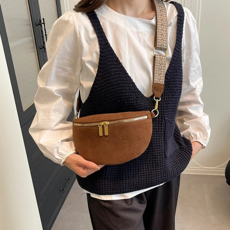 Womens Waist Bag Multi-pocket Street Fanny Pack Faux Suede Chest Bag Fashion Wide Strap Crossbody Bag Retro Solid Shoulder Bags 260130