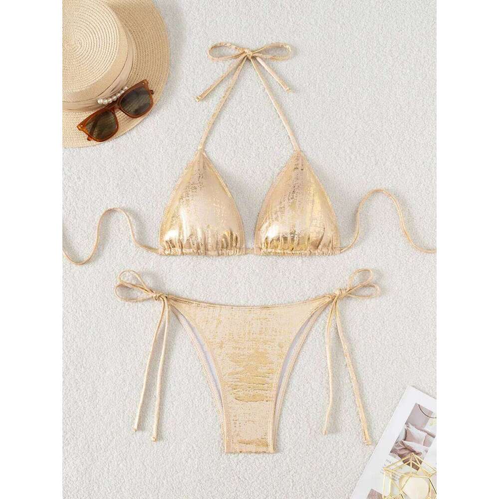 Shiny Glitter Halter Strappy 2025 High Leg Cut Bikinis Female Swimsuit Women Swimwear Two-pieces Bikini Set Bathing Suit C260207