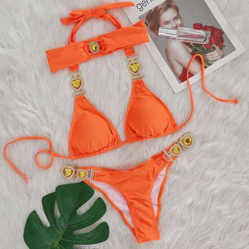 Sexy Rhinestones Bikinis Swimsuits With Headband Women Swimwear Female Push Up Bikini Beach Swim Wear Bathing Suits Pool Bather C260207