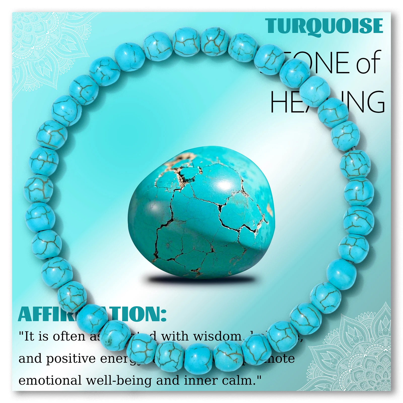468mm Natural Blue Turquoises Beads Bracelet Smooth Round Beaded Bracelets with Card for Women Men Elastic Bangle 260130