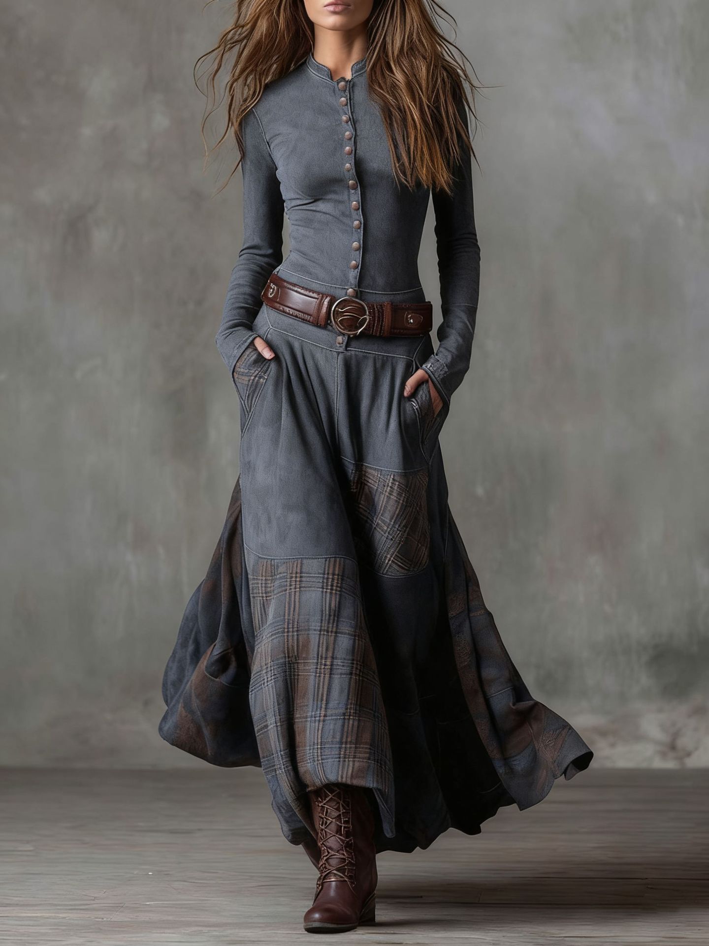 Fashion Button Draped Maxi Dress Elegant O-neck Long Sleeve Pocket Long Dress Vintage Checkered Print Patchwork Slim Party Dress R260208