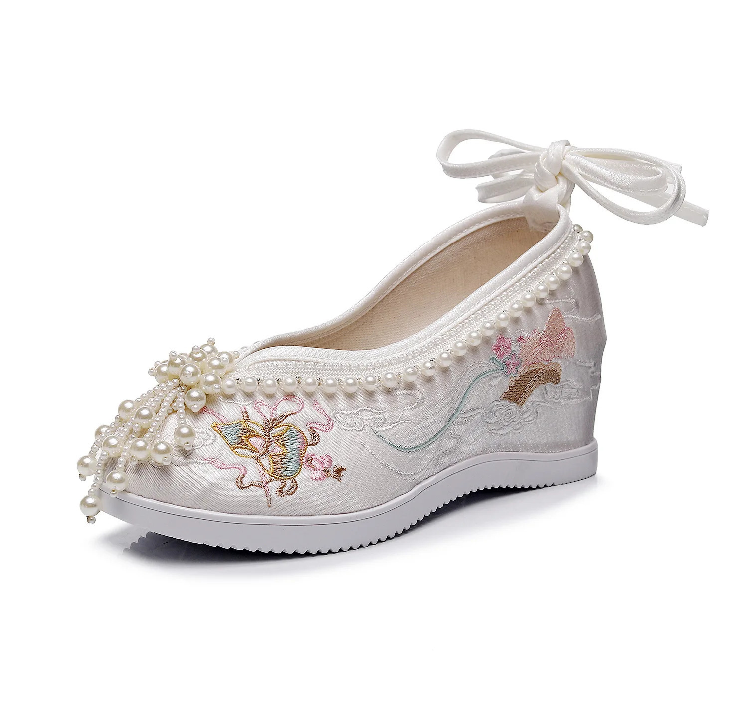 2026 Womens White Blue Pink Floral Hanfu Shoes Chinese Style Pearls Tassel Mary Jane Flat Summer Casual Daily Footwear Q293 260208