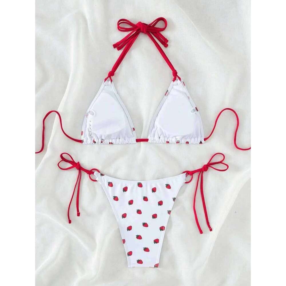 Sexy women cute strawberry print halter string micro bikini sets two pieces swimsuit Swimwear bathing suit beach outfits biquini C260207