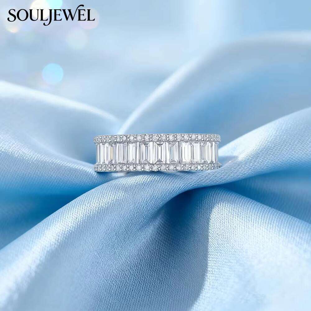 New Luxury Rectangular Baguette Moissanite Ring Full Eternity Design Hip Hop Style S925 Silver Rhodium Plated GRA Certified