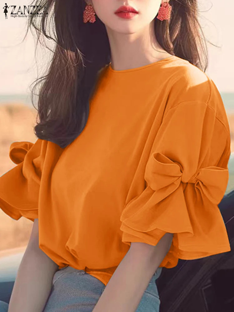 ZANZEA Vintage Bow Tie Patchwork Chiffon Blouse Women Korean Ruffles Shirt Autumn Elegant Lantern Short Sleeve Tops Tunic 260207