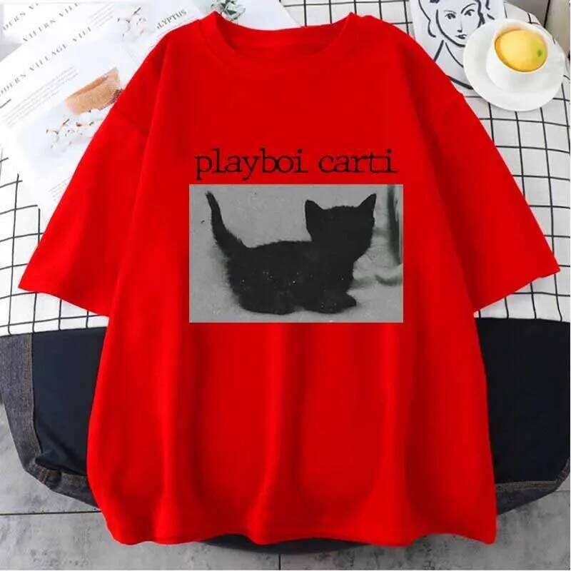 Summer Playboi Carti Oversized Hip-Hop Shirts Cute Cat Harajuku Print Regular Mens Tops Quality Rapper T Shirt Jogging Tee C260207